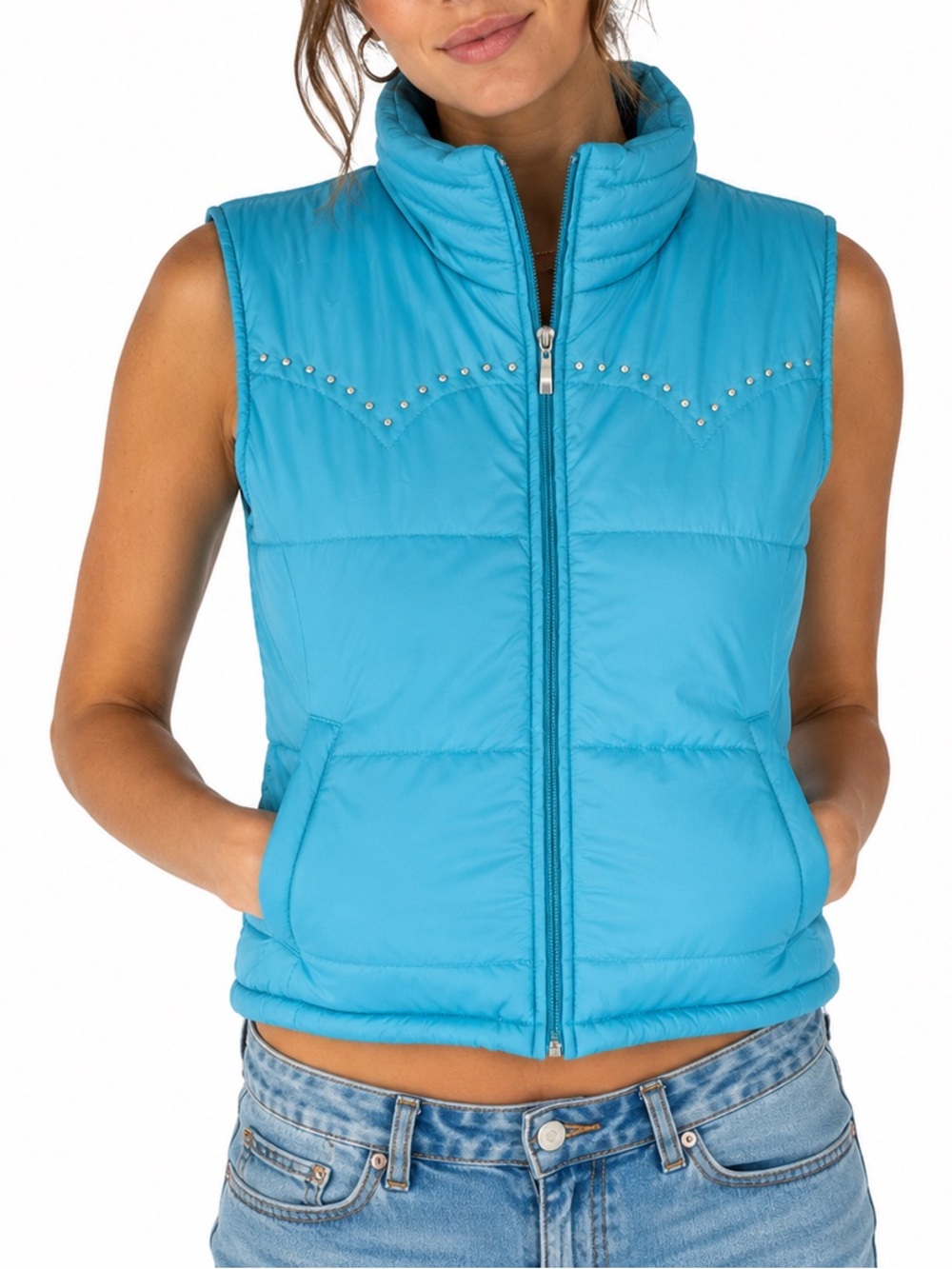 Cowgirl Up Womens XL Blue Puffer Vest Studded Western Full Zip Sleeveless